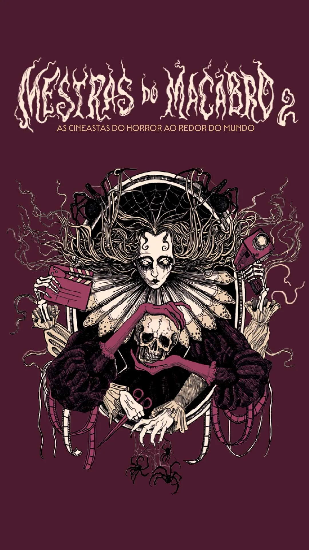 Cartaz da mostra Mestras do Macabro 2, com ilustração de figura macabra em tons de roxo e branco