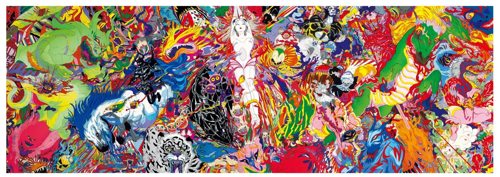 Pintura panorâmica de Yoshitaka Amano com figuras fantásticas, flores e criaturas em cores vivas sobre fundo multicolorido