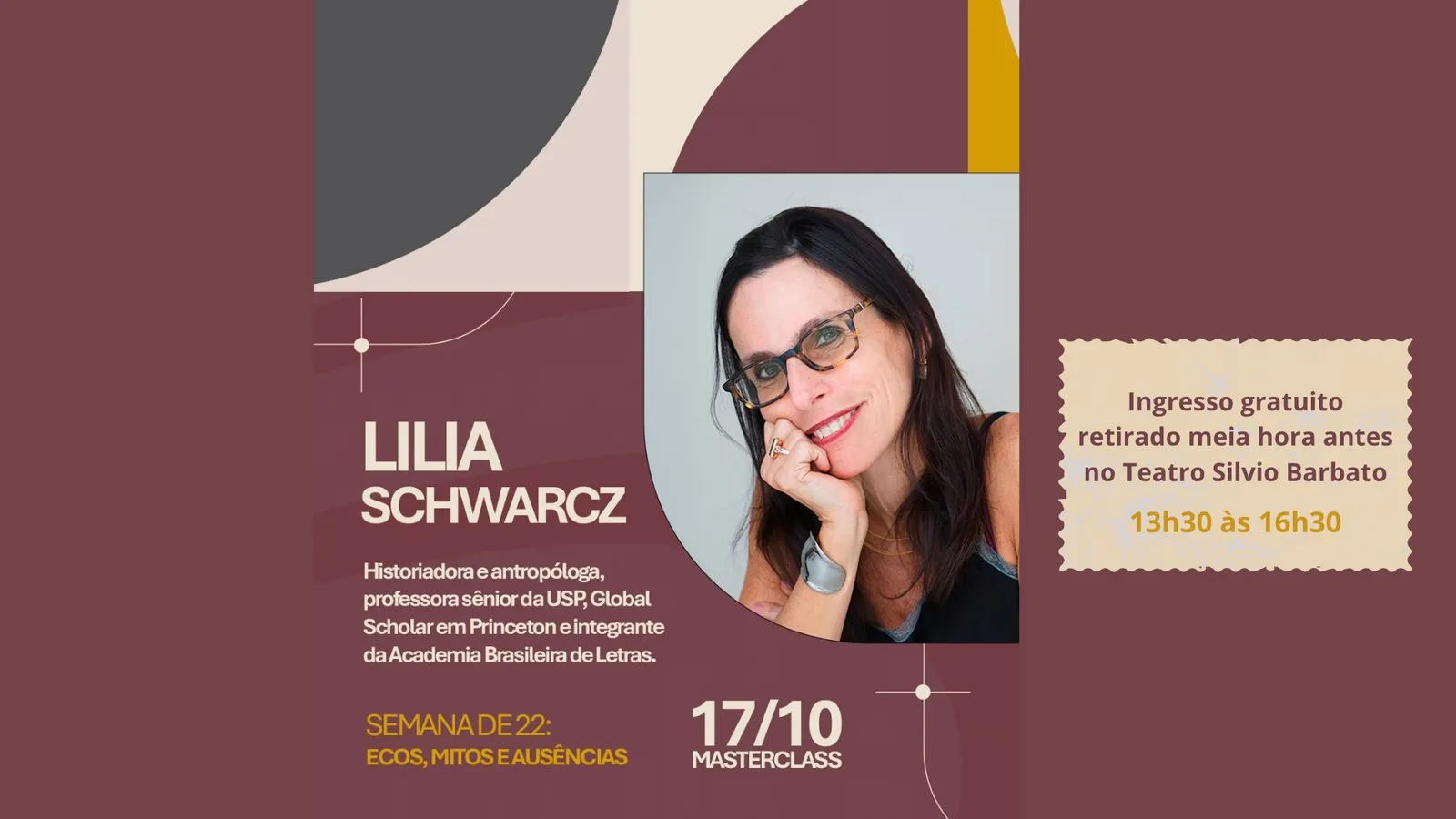 Arte de divulgação da masterclass de Lilia Schwarcz sobre o modernismo, do Sesc-DF
