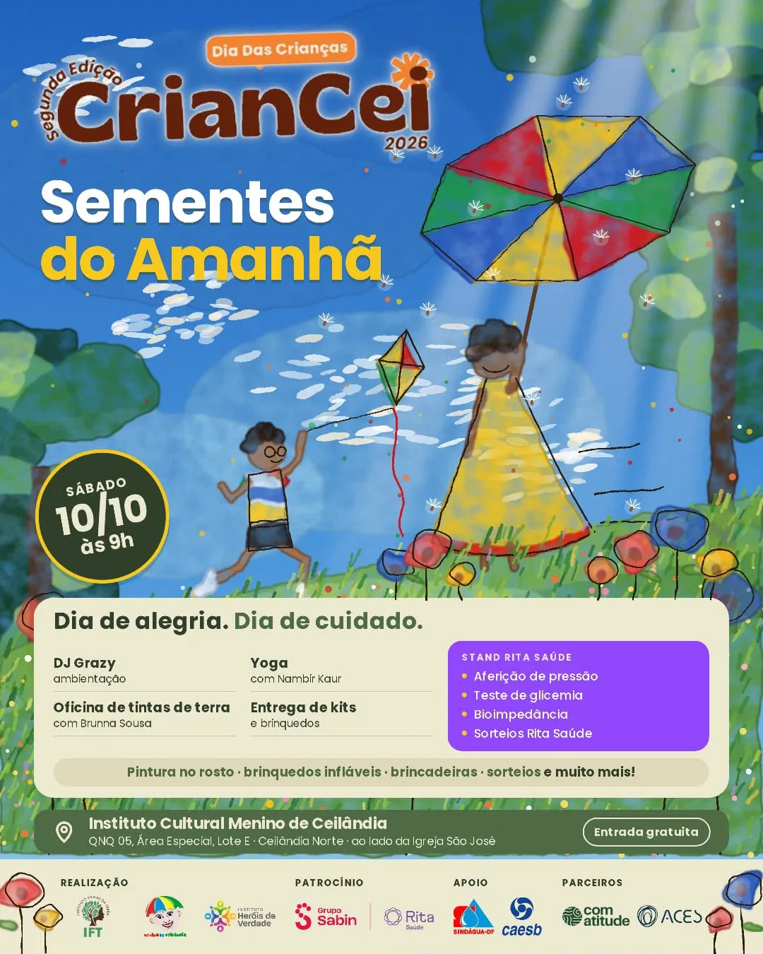 Cartaz do CrianCei 2026 – Sementes do Amanhã: ilustração de crianças com pipa e guarda-chuva colorido, com a programação, sábado 10/10 às 9h, no Instituto Cultural Menino de Ceilândia